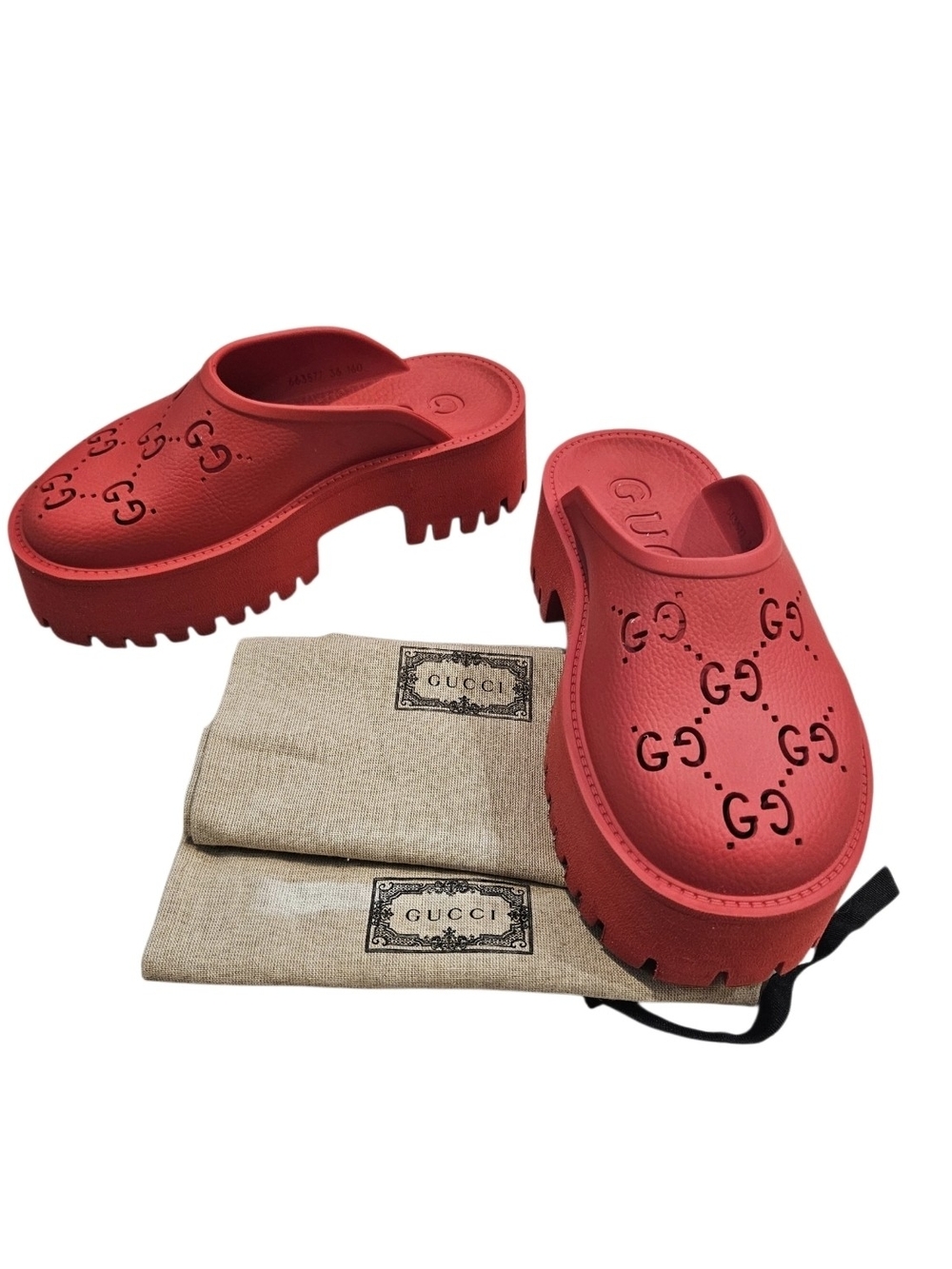 Gucci Perforated GG Rubber Platform Clogs Hibiscus Red Size 36